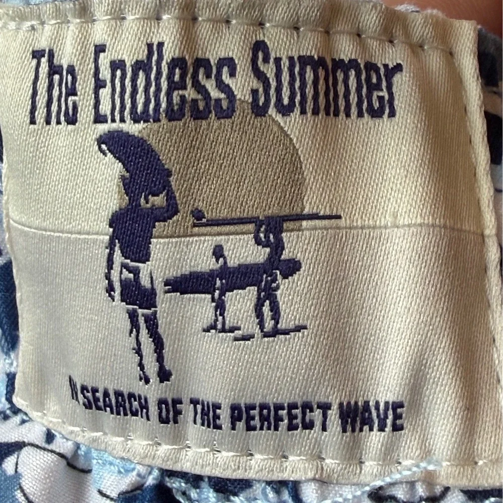 The Endless Summer Men Blue Shark Print Swim Trunks XXL Elastic Waist 6in Inseam
